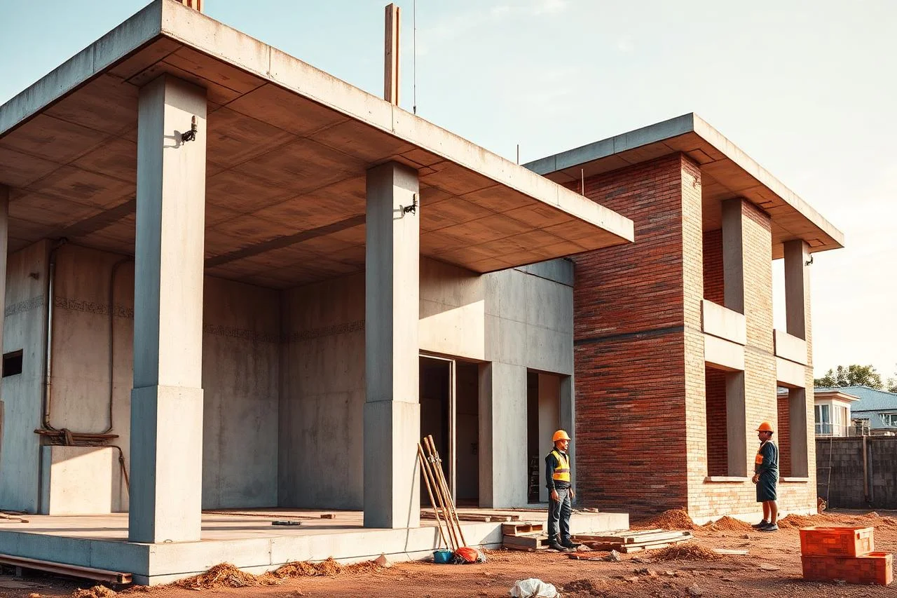 Estrutura de concreto e alvenaria de obra residencial em execução em São Paulo