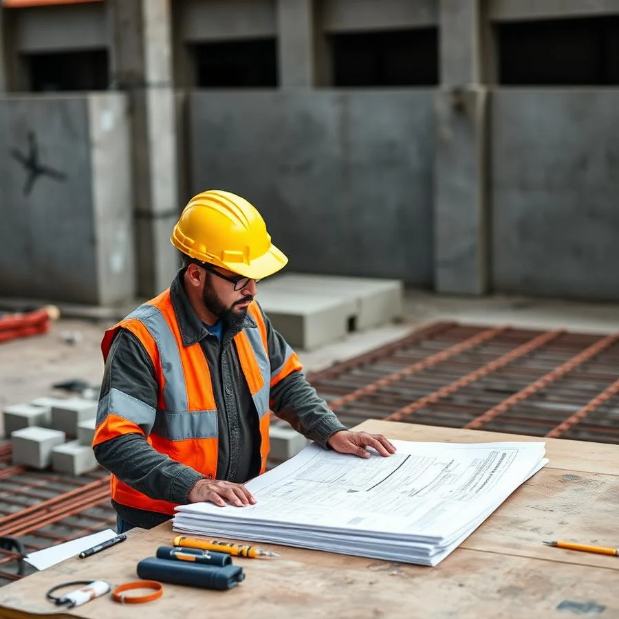Engenheiro conferindo o projeto executivo em canteiro de obra em São Paulo